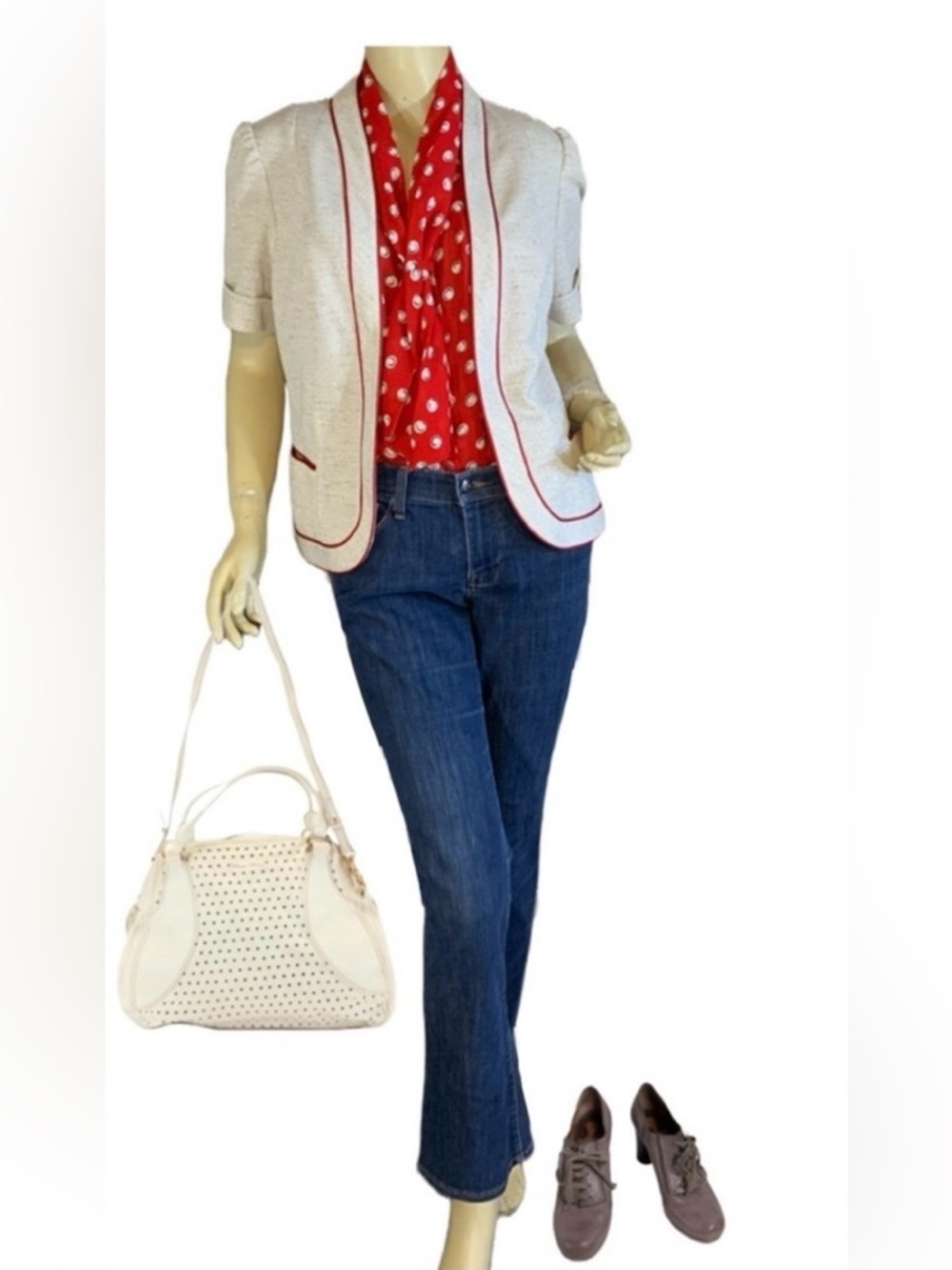 VINTAGE 1970'S MARTY GUTMACHER BEIGE W/RED TRIM OPEN-FRONT BLAZER (14/M)